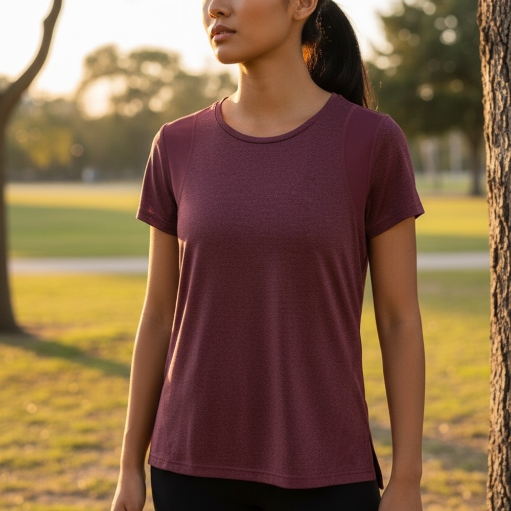 Women's Athletic Burgundy Short Sleeve Top - Picture 2 of 3